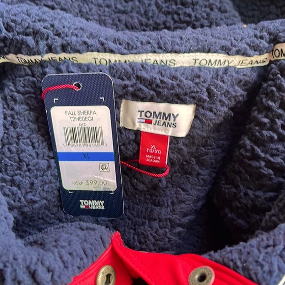 NWT Tommy Jeans navy red fall Sherpa fleece pull over jacket with snap collar - Picture 3 of 5